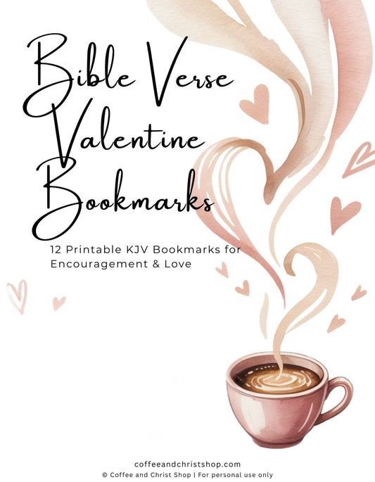 Cover of 'Bible Verse Valentine Bookmarks' with a cup of coffee and steam hearts on a white background.