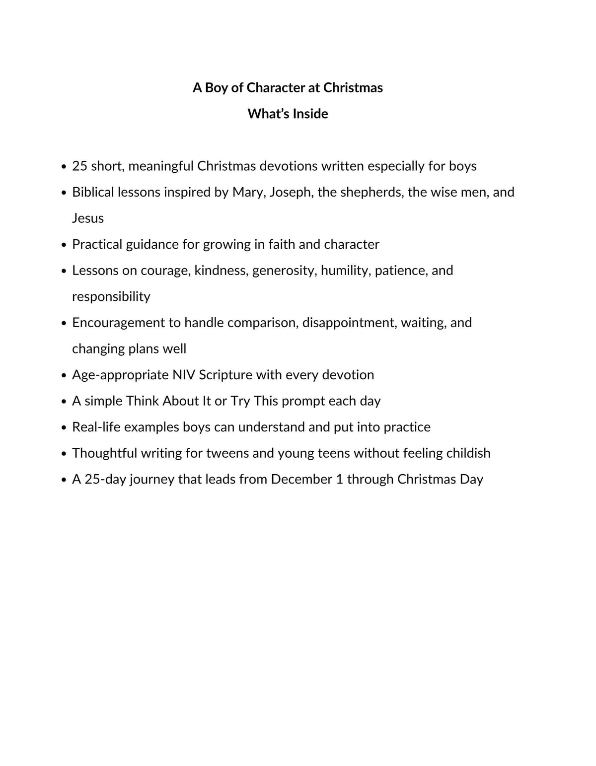 A digital document page titled 'A Boy of Character at Christmas What's Inside' with a bulleted list of contents and descriptions on a plain white background.