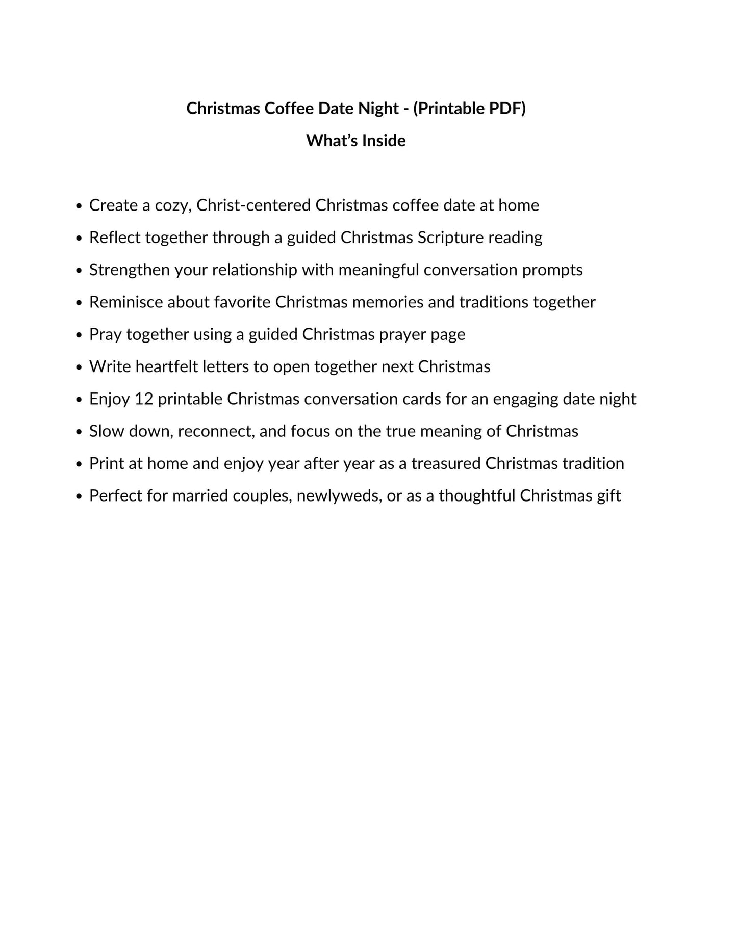 A digital preview page for a printable PDF product titled 'Christmas Coffee Date Night - (Printable PDF) What's Inside' with a bulleted list of activities and suggestions on a white background.