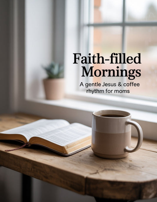 Open Bible and coffee mug on a wooden table with 'Faith-filled Mornings' text.
