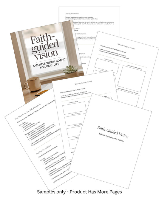 Pages from a product titled 'Faith-Guided Vision' with a coffee cup and plant on a white background.