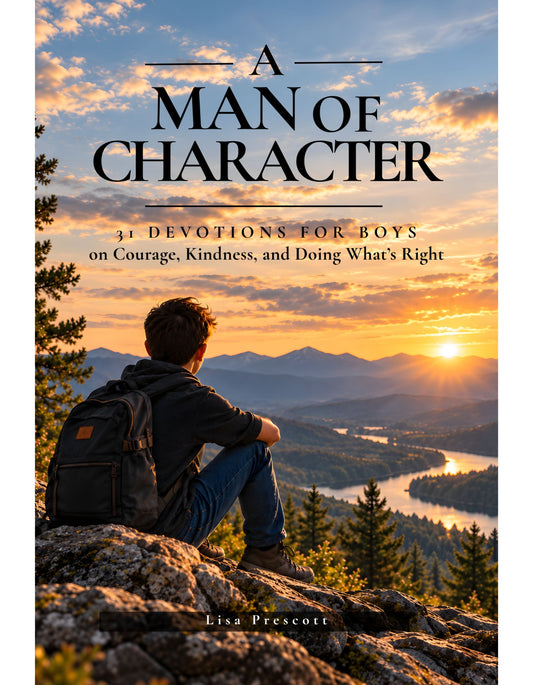 Book cover for 'A Man of Character: 31 Devotions for Boys on Courage, Kindness, and Doing What's Right' by Lisa Prescott, featuring a young man sitting on a rock overlooking a mountain landscape at sunset.