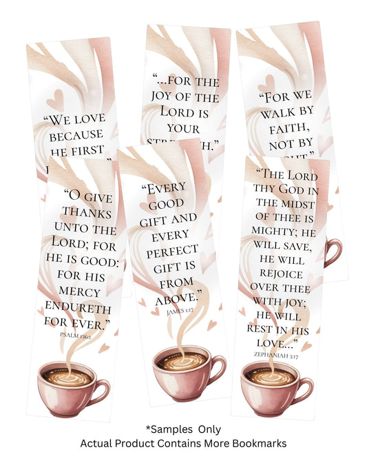Set of bookmarks with coffee cups and inspirational quotes on a white background