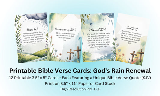 Printable KJV Bible verse cards about God’s rain, blessings, and renewal with watercolor designs for Christian women.