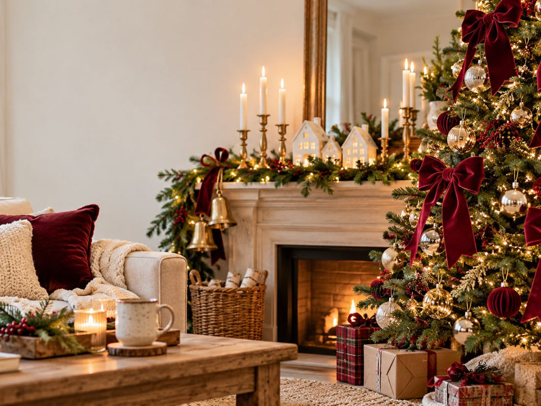 Christmas 2026 trends with burgundy bows and warm gold decor