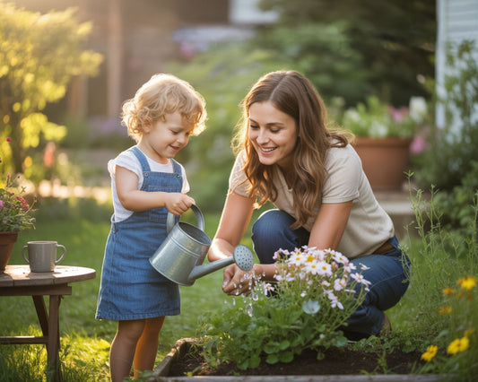 mother and child sharing faith moments together in a garden during a peaceful morning devotion
