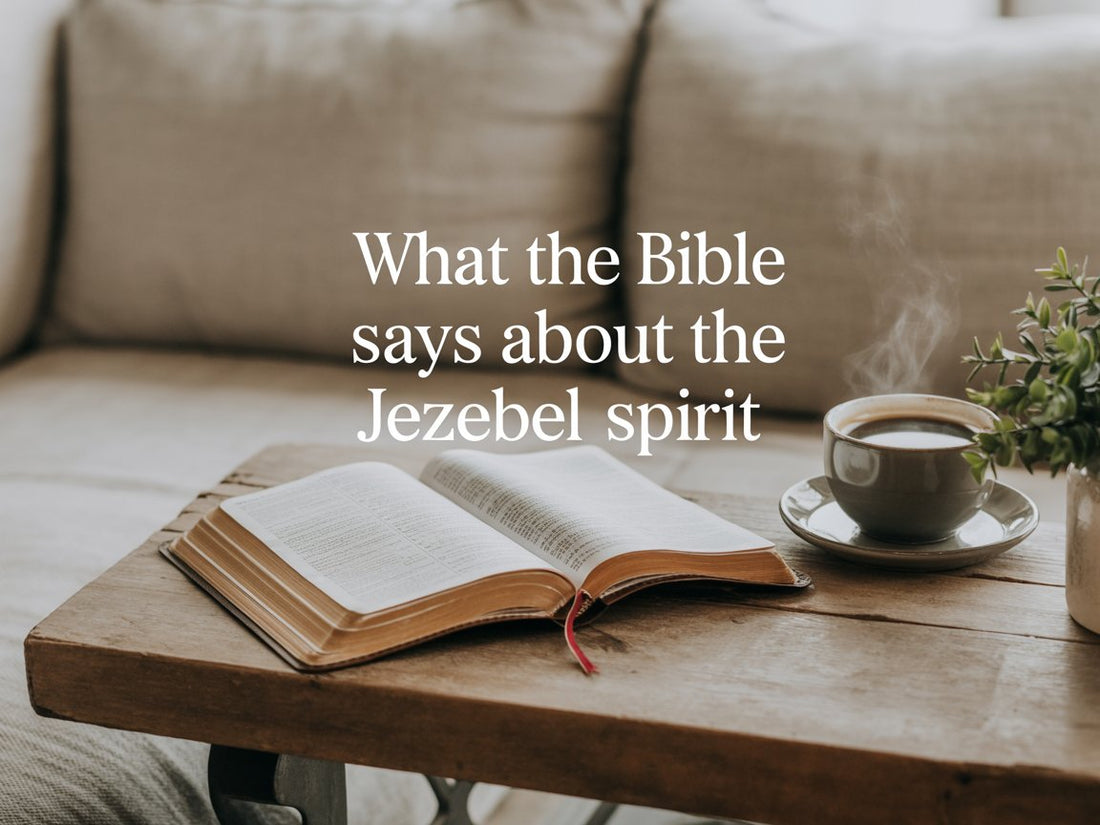 Open Bible and coffee cup in natural light, with small white text reading “What the Bible Says About the Jezebel Spirit.”