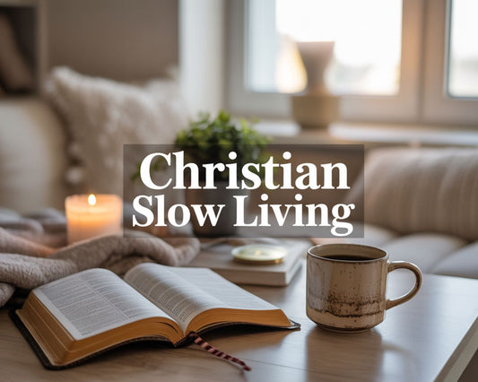 Cozy Christian slow living scene with Bible, coffee, candle, and plants creating a peaceful faith-filled home atmosphere.