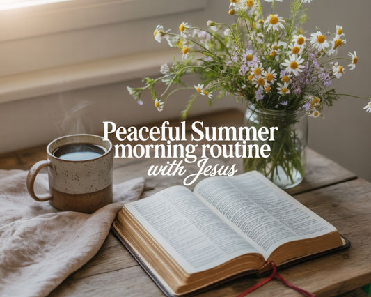 peaceful summer morning routine with Jesus, Bible and coffee with wildflowers in soft sunlight