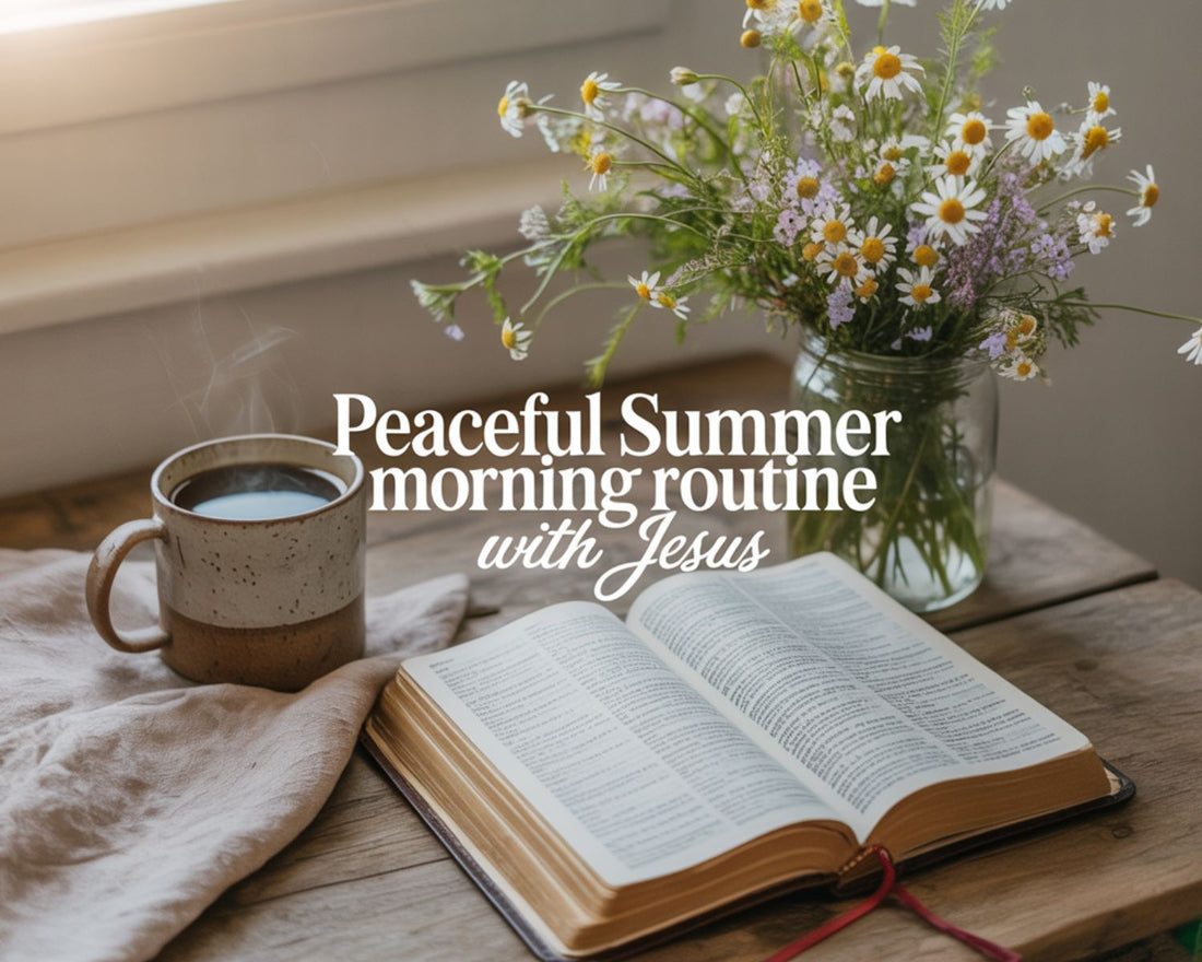 peaceful summer morning routine with Jesus, Bible and coffee with wildflowers in soft sunlight