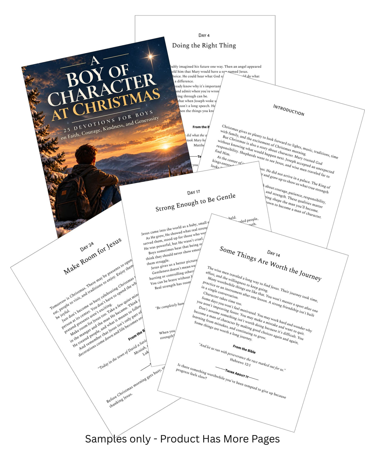 A set of printed devotional worksheets titled 'A Boy of Character at Christmas' with several pages fanned out over a book cover.