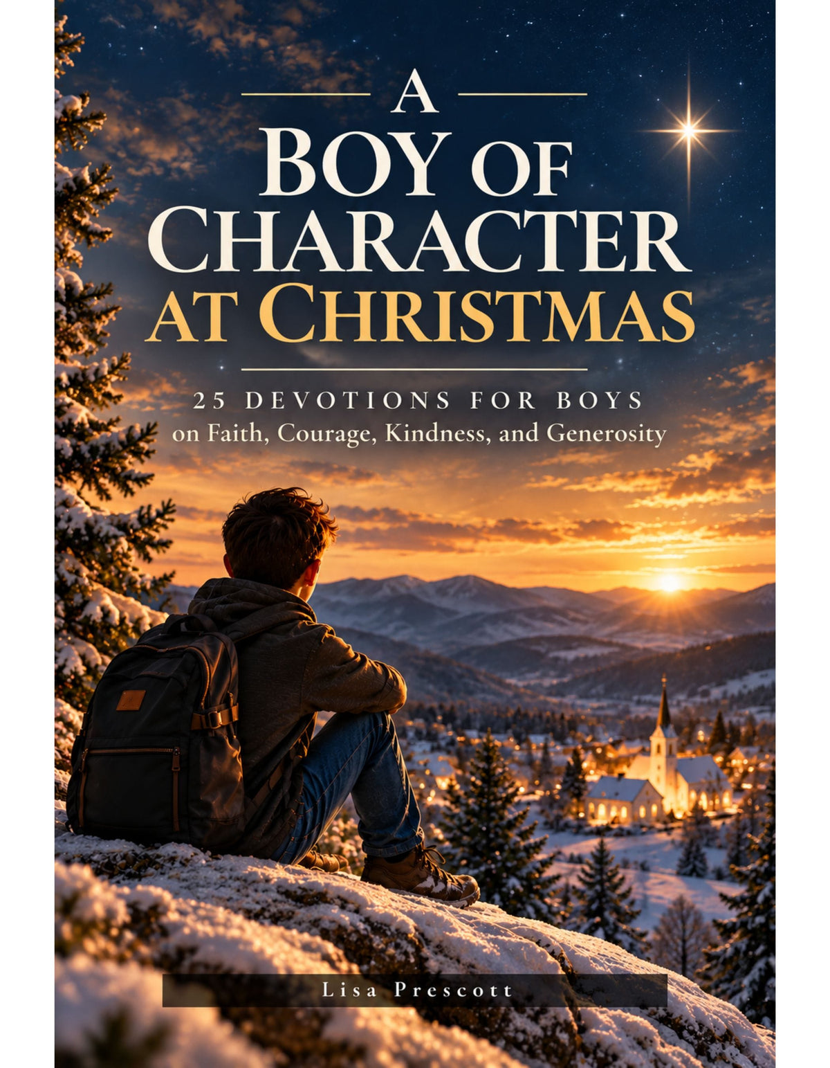 Book cover for 'A Boy of Character at Christmas' by Lisa Prescott, featuring a snowy mountain village at sunset with a boy sitting in the snow and looking out over the landscape.