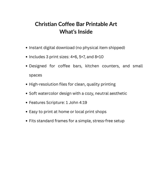 Text describing Christian Coffee Bar Printable Art with details on format, sizes, and features.