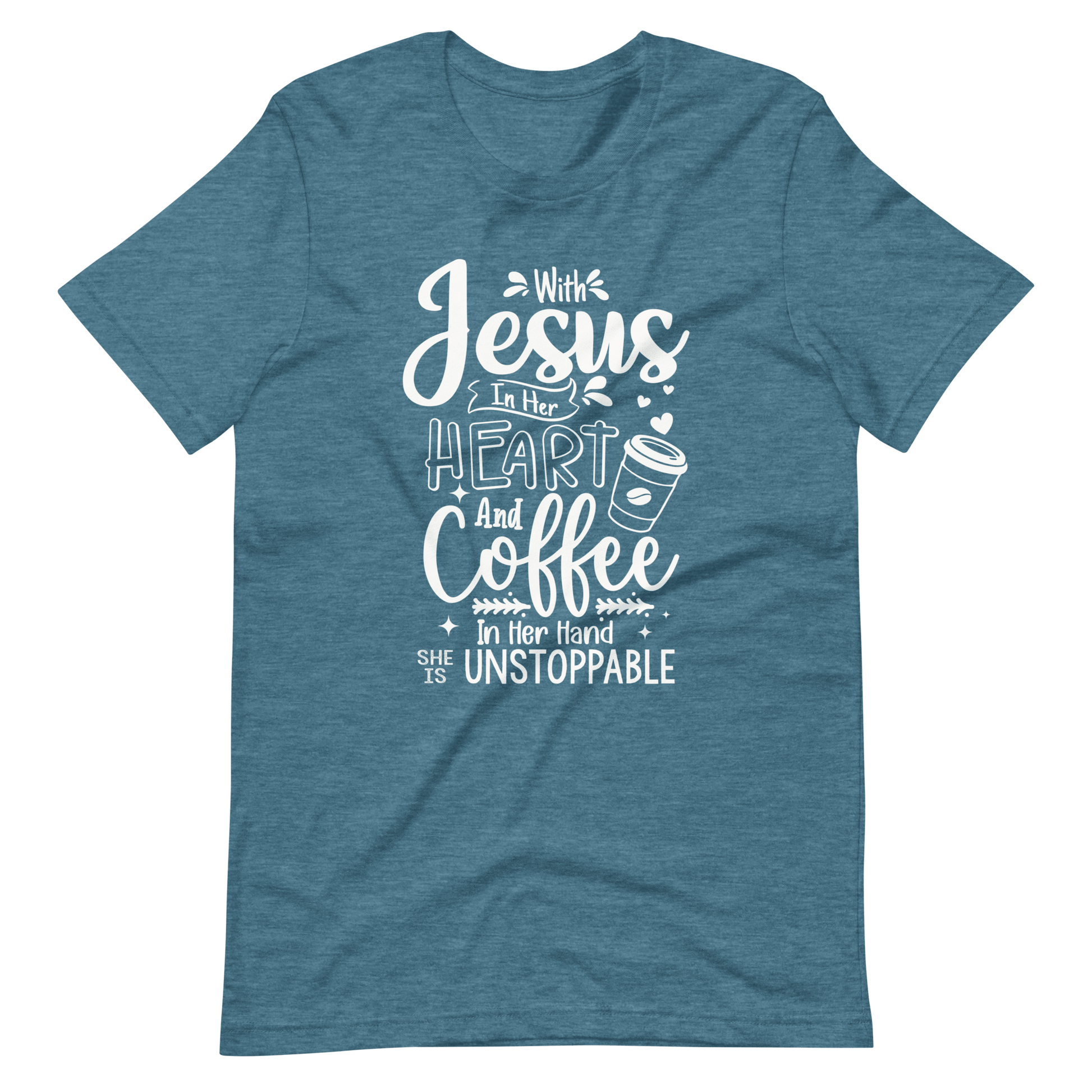 Invincible with Jesus and Coffee Christian T Shirts Heather Deep Teal