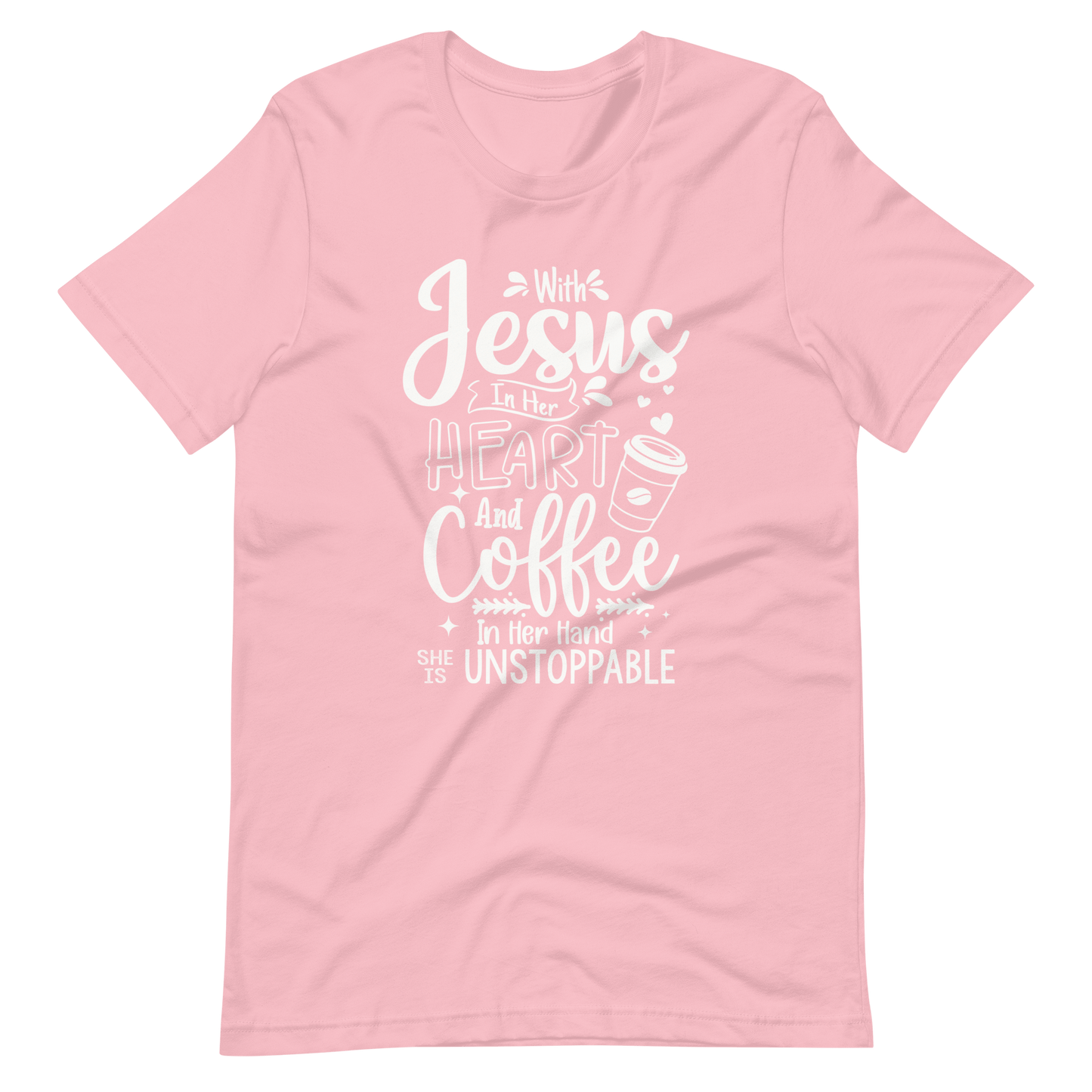 Invincible with Jesus and Coffee Christian T Shirts for Women Pink