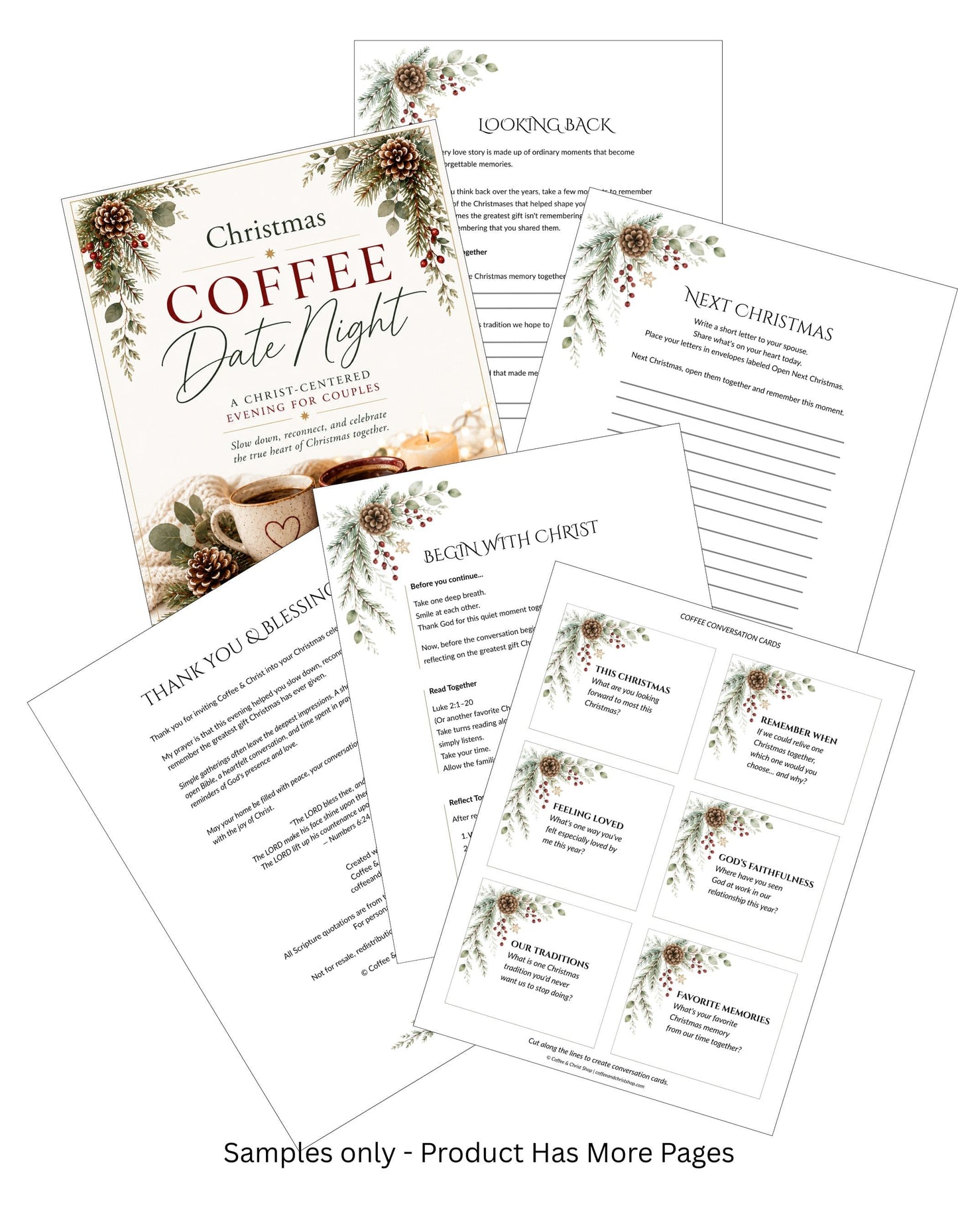 A set of printed coffee date night planning sheets and cards arranged on a white background, with decorative holiday greenery and berries. The main card reads 'Christmas Coffee Date Night' and the surrounding pages show sections like 'Looking Back,' 'Next Christmas,' 'Prepare for Your Next Christmas Coffee Date,' and a thank-you page.
