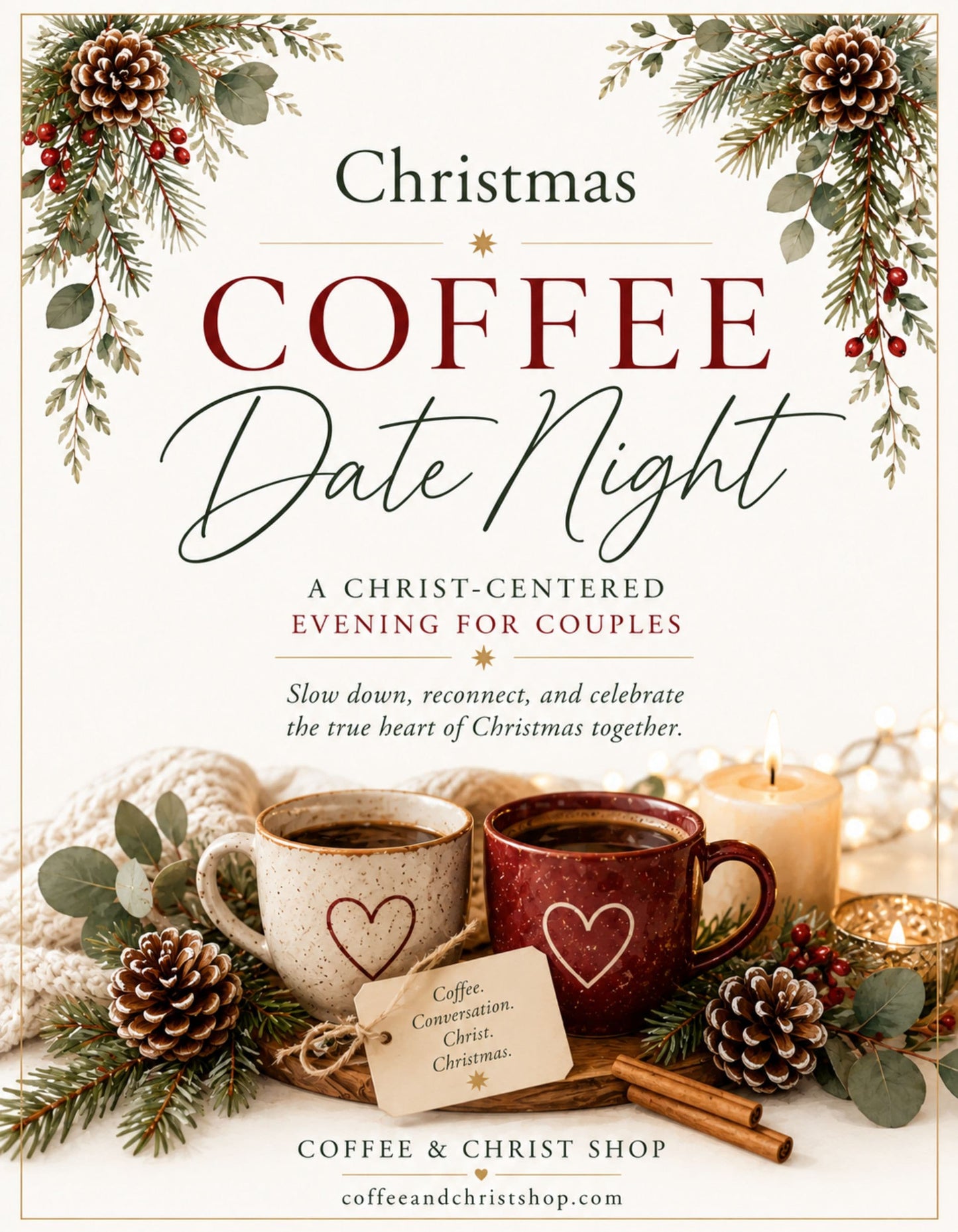 A festive Christmas-themed coffee date night flyer or menu cover. The design features a cream background decorated with green eucalyptus leaves, red berries, pinecones, and a knitted blanket at the bottom.