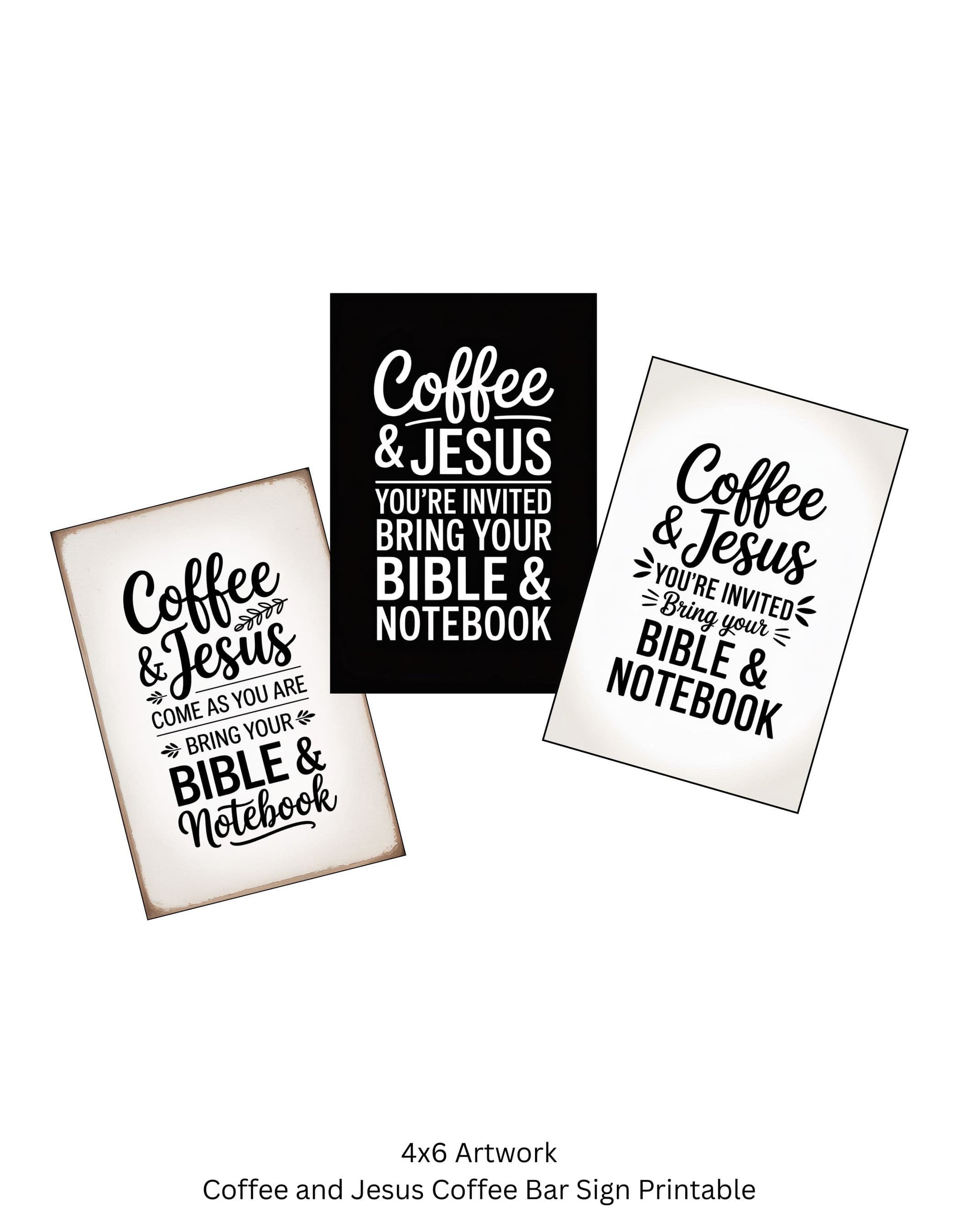 Set of three 'Coffee & Jesus' coffee bar sign art prints on a white background