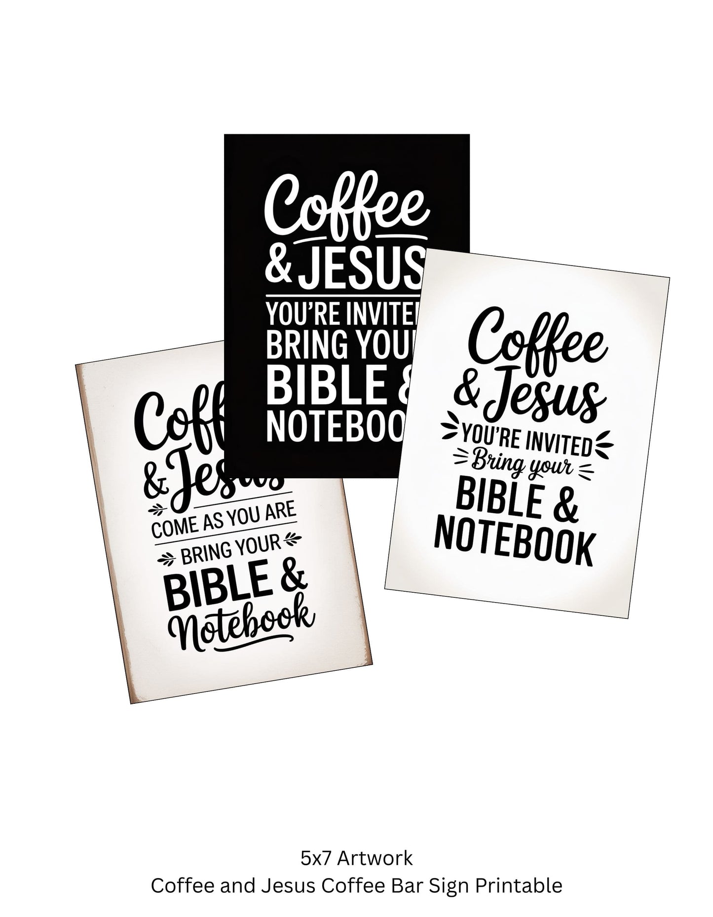 Three 'Coffee & Jesus' coffee bar sign art prints on a white background