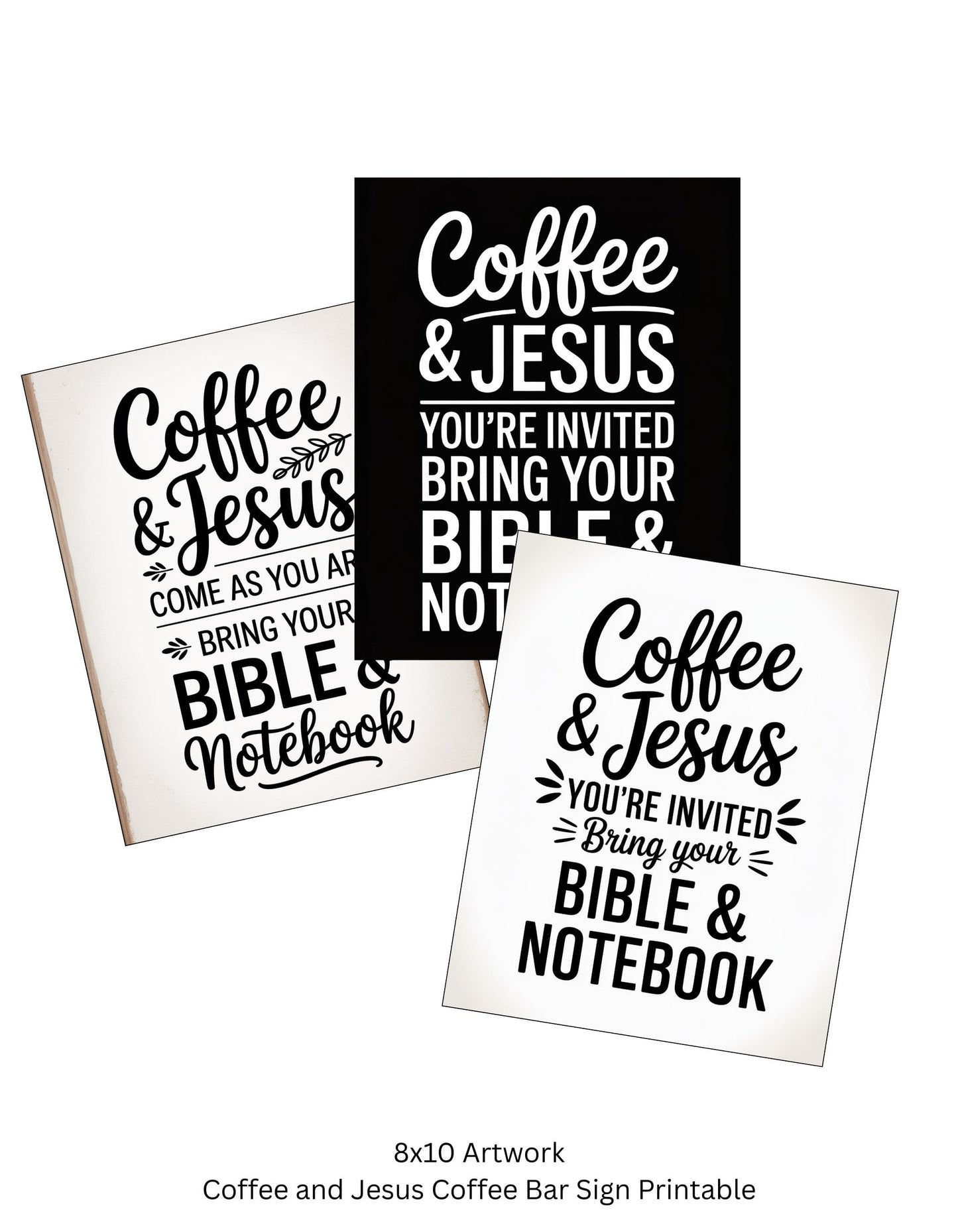 Three 'Coffee & Jesus' coffee bar sign art prints on a white background