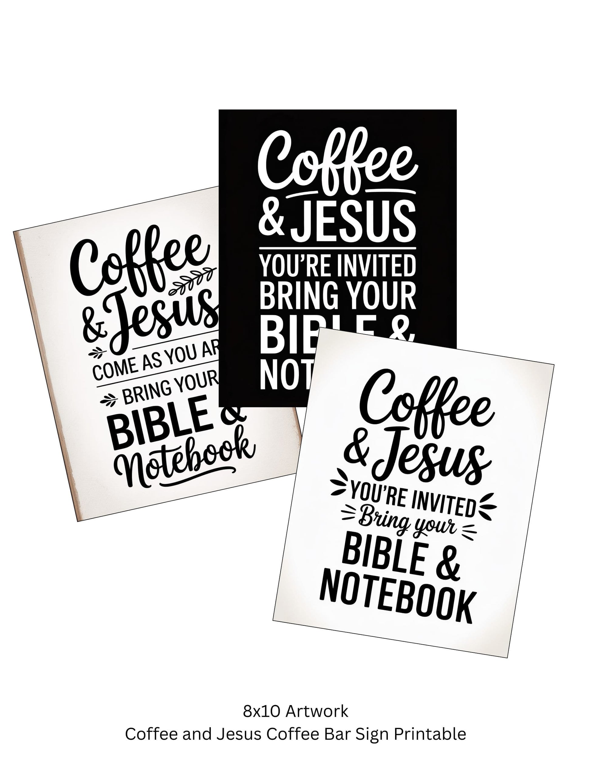 Three 'Coffee & Jesus' coffee bar sign art prints on a white background