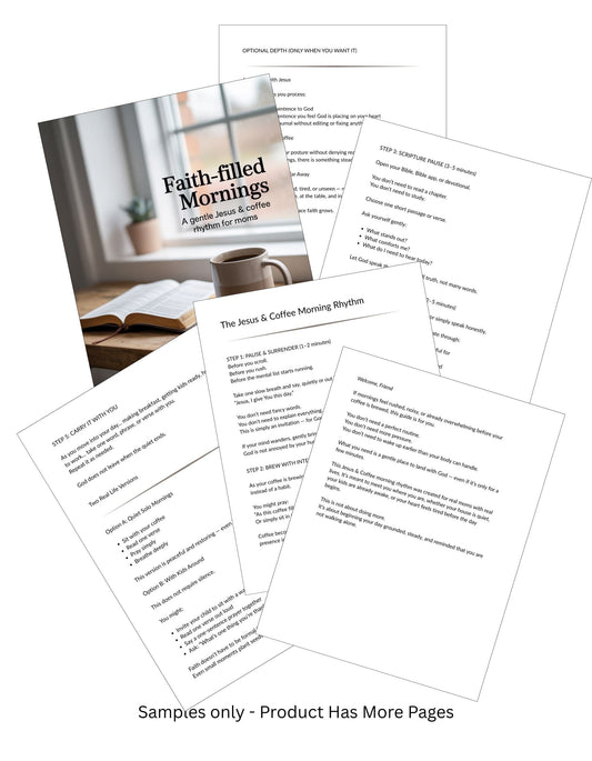 Product packaging with 'Faith-filled Mornings' guide and sample pages on a white background