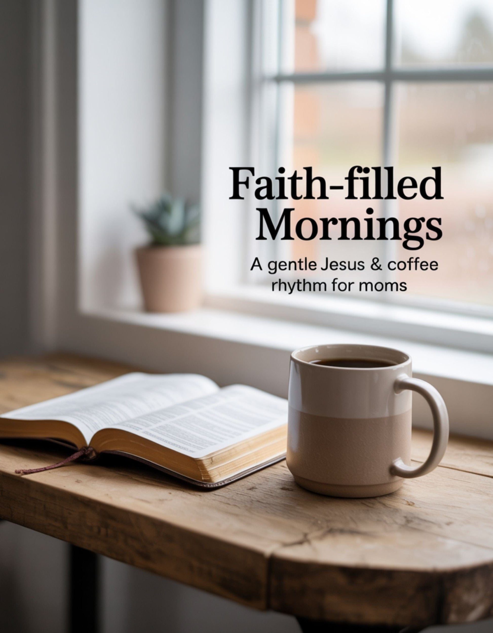 Open Bible and coffee mug on a wooden table with 'Faith-filled Mornings' text.