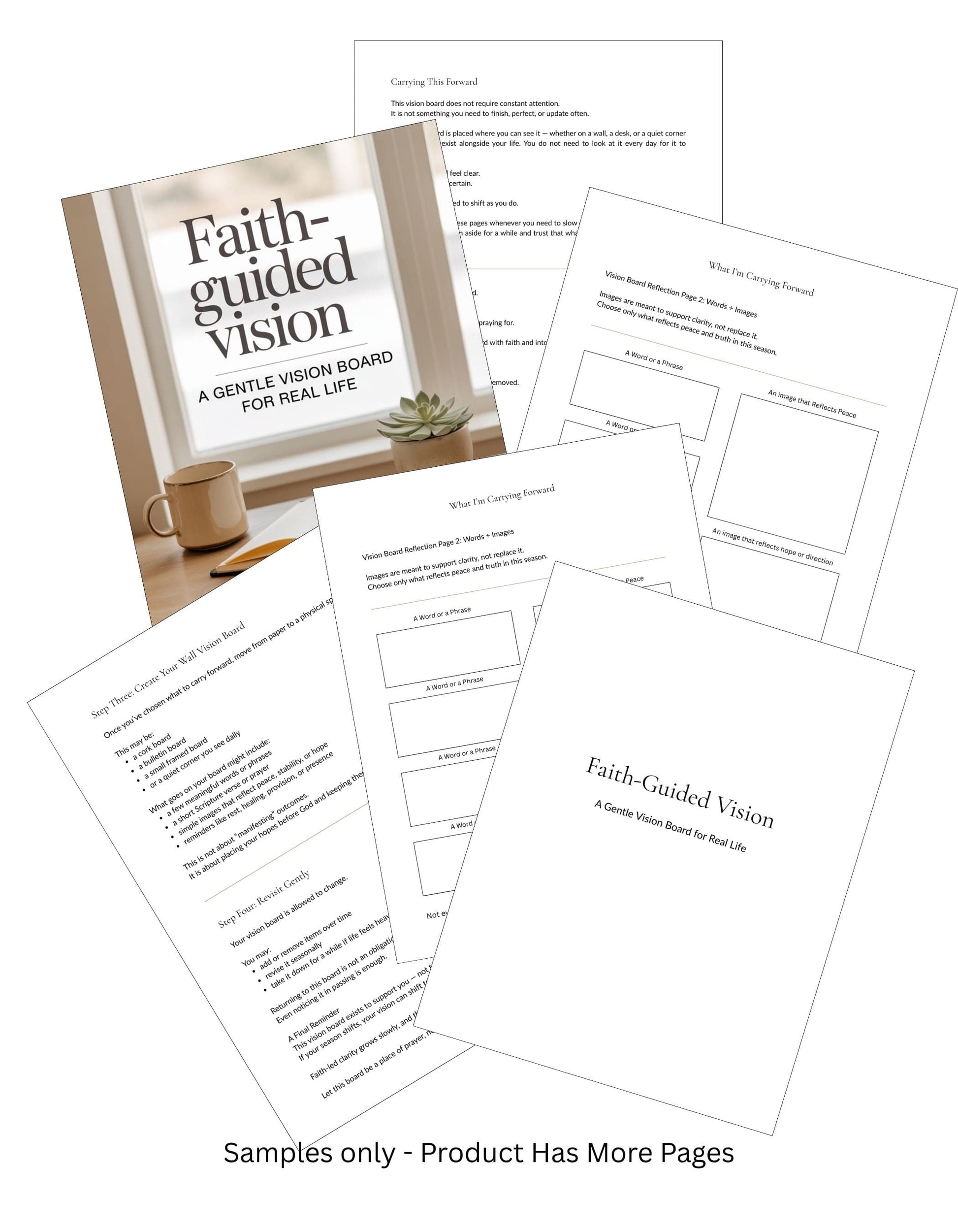 Pages from a product titled 'Faith-Guided Vision' with a coffee cup and plant on a white background.