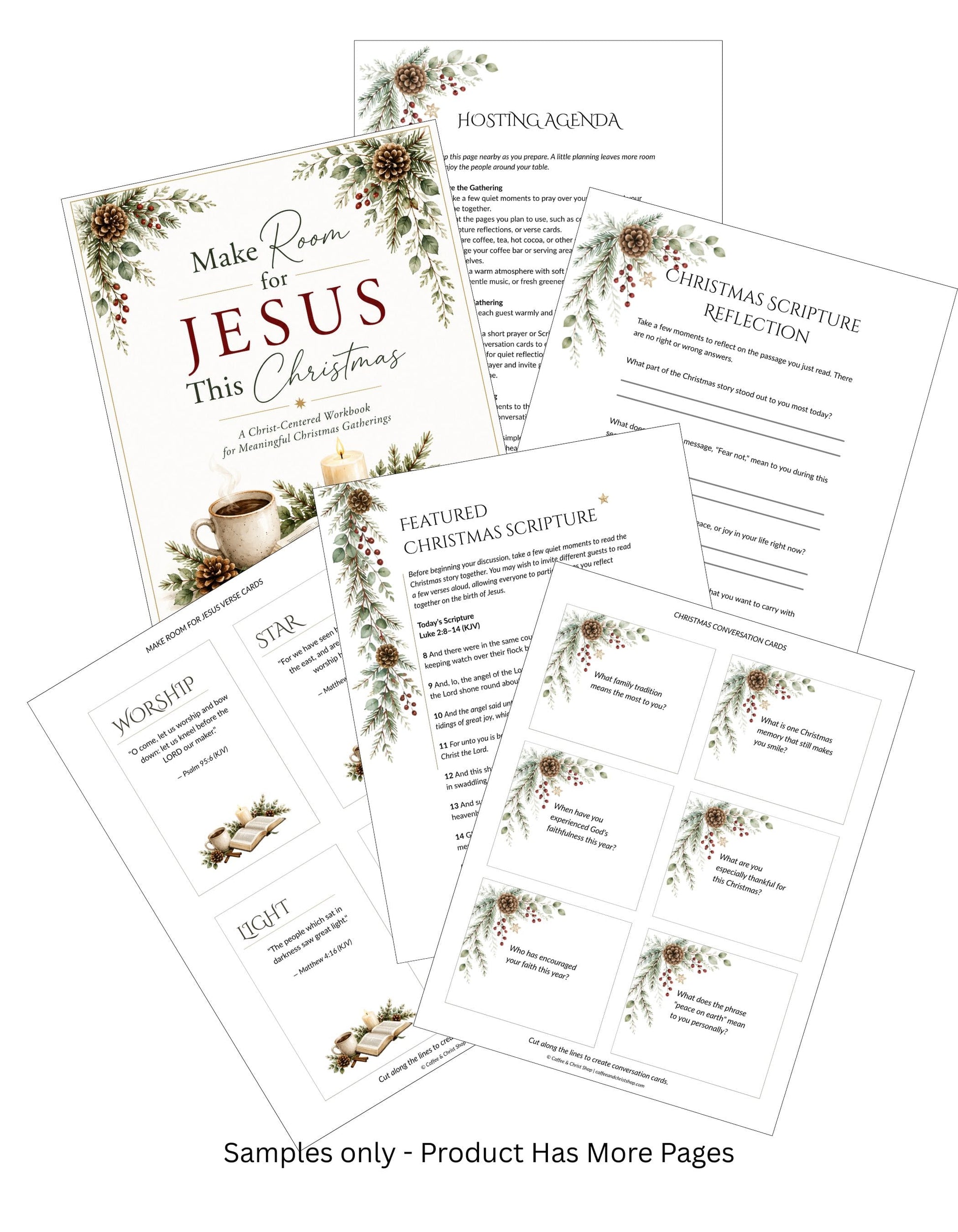 A set of printable holiday planning and reflection sheets titled 'Make Room for Jesus This Christmas,' including an hosting agenda, reflection pages, scripture sheets, and a worship start sheet, shown on a white background with a note that samples only and the product has more pages.