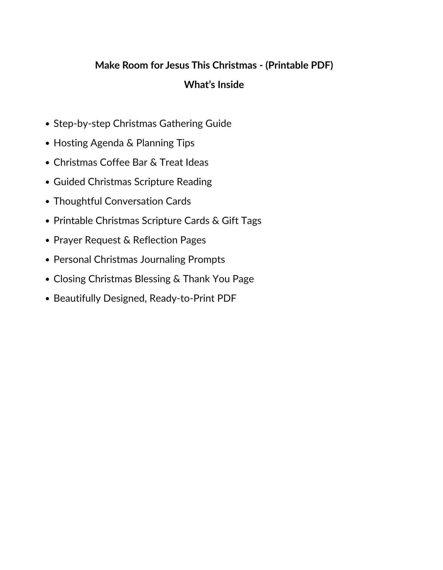 A digital document preview page for a printable PDF guide titled 'Make Room for Jesus This Christmas - (Printable PDF) What's Inside' with a bulleted list of included topics on a white background.