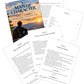 A book titled "A Man of Character" with several printed worksheet pages fanned out in front on a white background. 