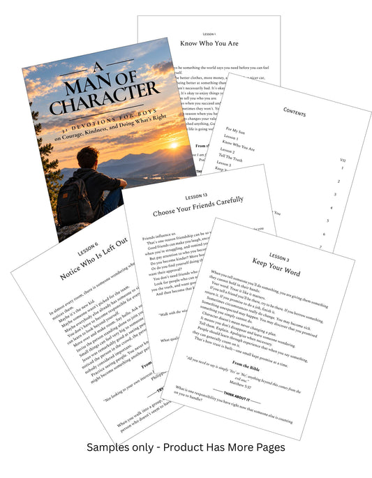 A book titled "A Man of Character" with several printed worksheet pages fanned out in front on a white background. 
