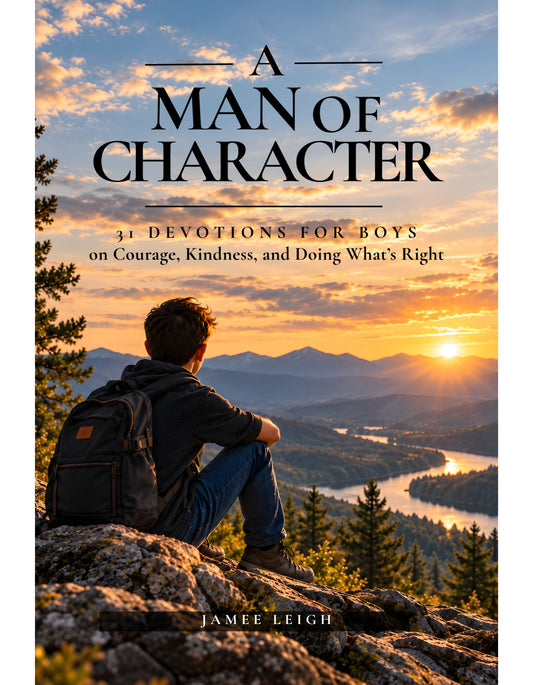Book cover for 'A Man of Character: 31 Devotions for Boys on Courage, Kindness, and Doing What's Right' by Jamee Leigh, featuring a young man sitting on a rock overlooking a mountain landscape at sunset.