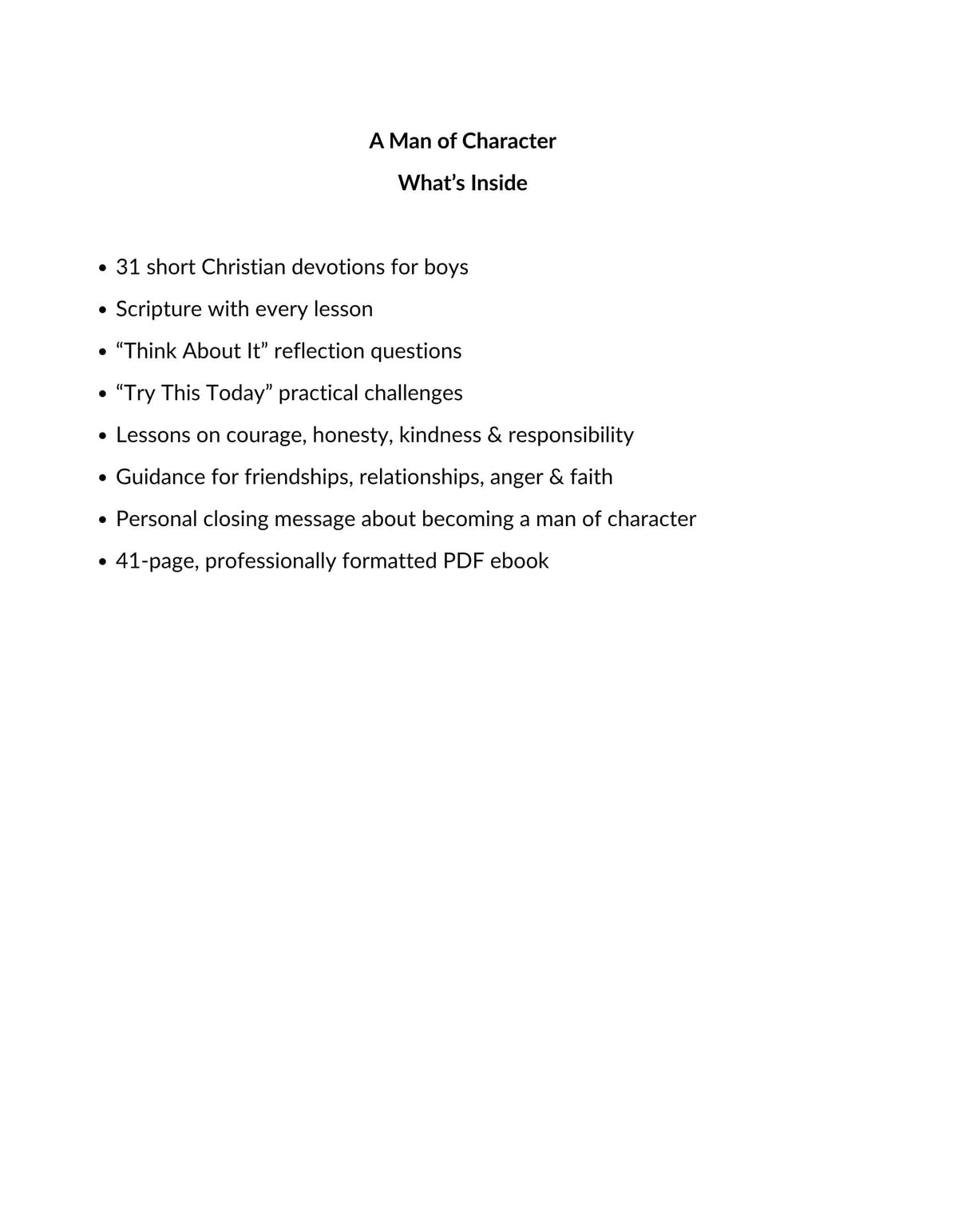 Product preview for a PDF ebook titled 'A Man of Character: What's Inside' with bullet points describing the contents of a 41-page Christian devotional book for boys.
