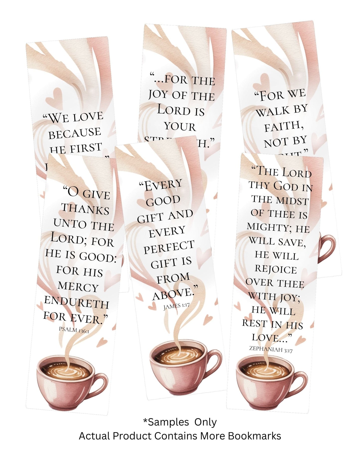 Set of bookmarks with coffee cups and inspirational quotes on a white background
