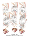 Set of bookmarks with coffee cups and inspirational quotes on a white background