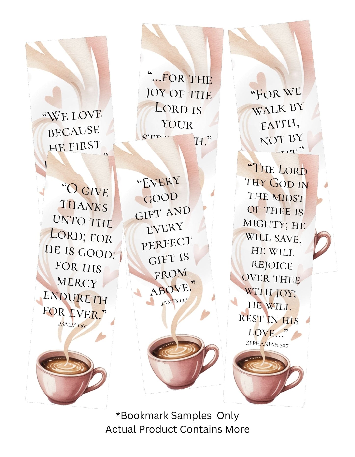 Set of bookmarks with coffee cup illustrations and inspirational quotes on a white background.