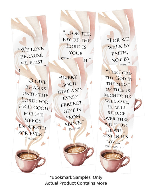 Set of bookmarks with coffee cup illustrations and inspirational quotes on a white background.