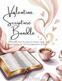 Valentine Scripture Bundle packaging with an open Bible, coffee cup, and decorative elements.