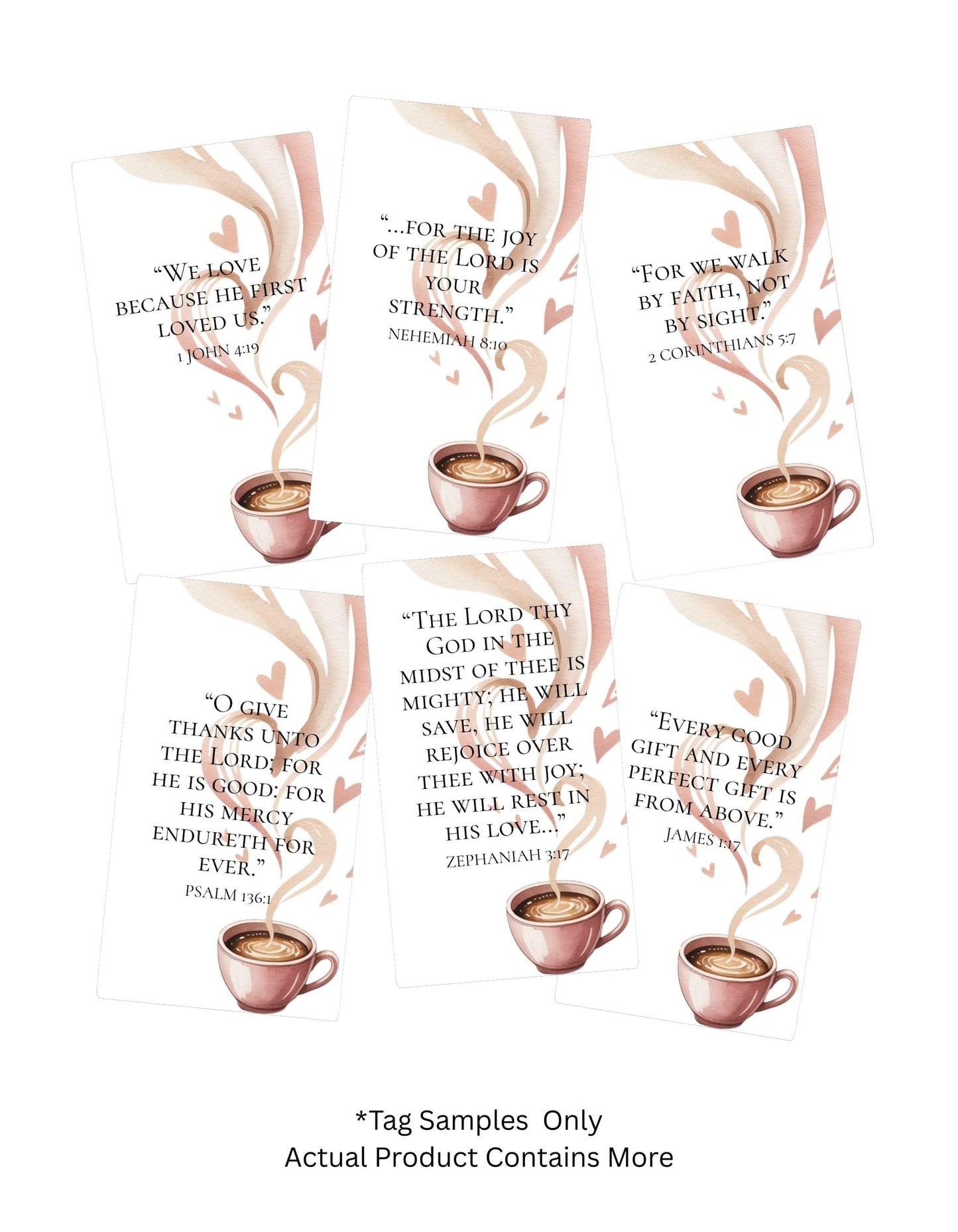 Bible verst tags with Illustrations of steaming cups with Scripture on a white background