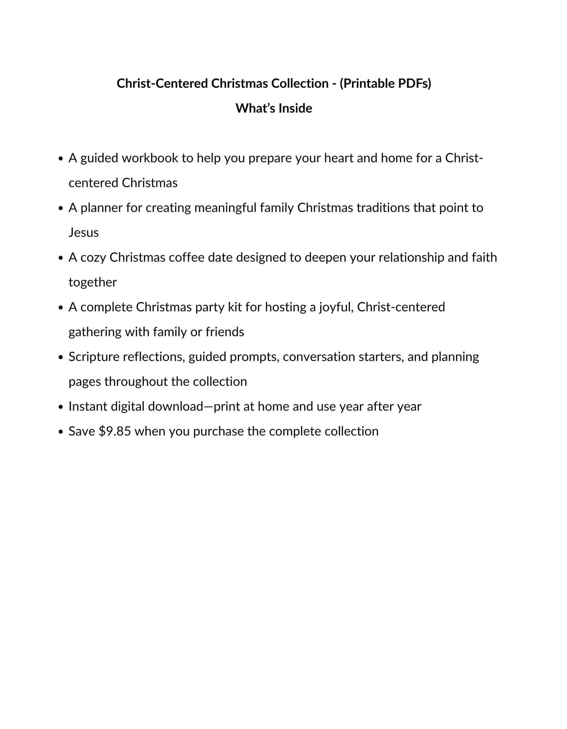 A digital document preview showing the 'Christ-Centered Christmas Collection - Printable PDFs' table of contents with a bulleted list of included workbook, planner, and party kit materials on a white background.