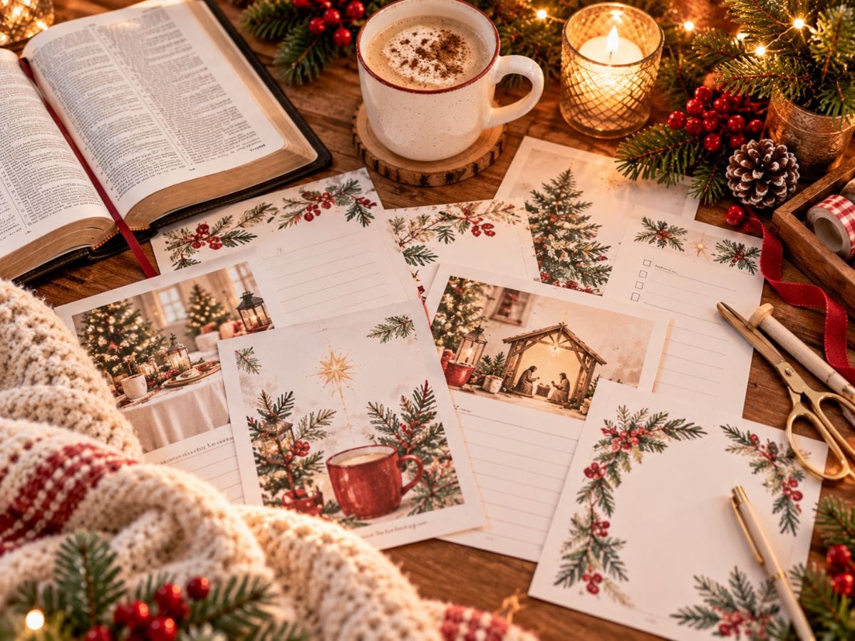 Christ-centered Christmas printable resources with Bible and coffee