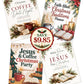 Four illustrated Christmas collection printable kit covers arranged on a white background with a central red circular sale badge reading “SAVE $9.85.