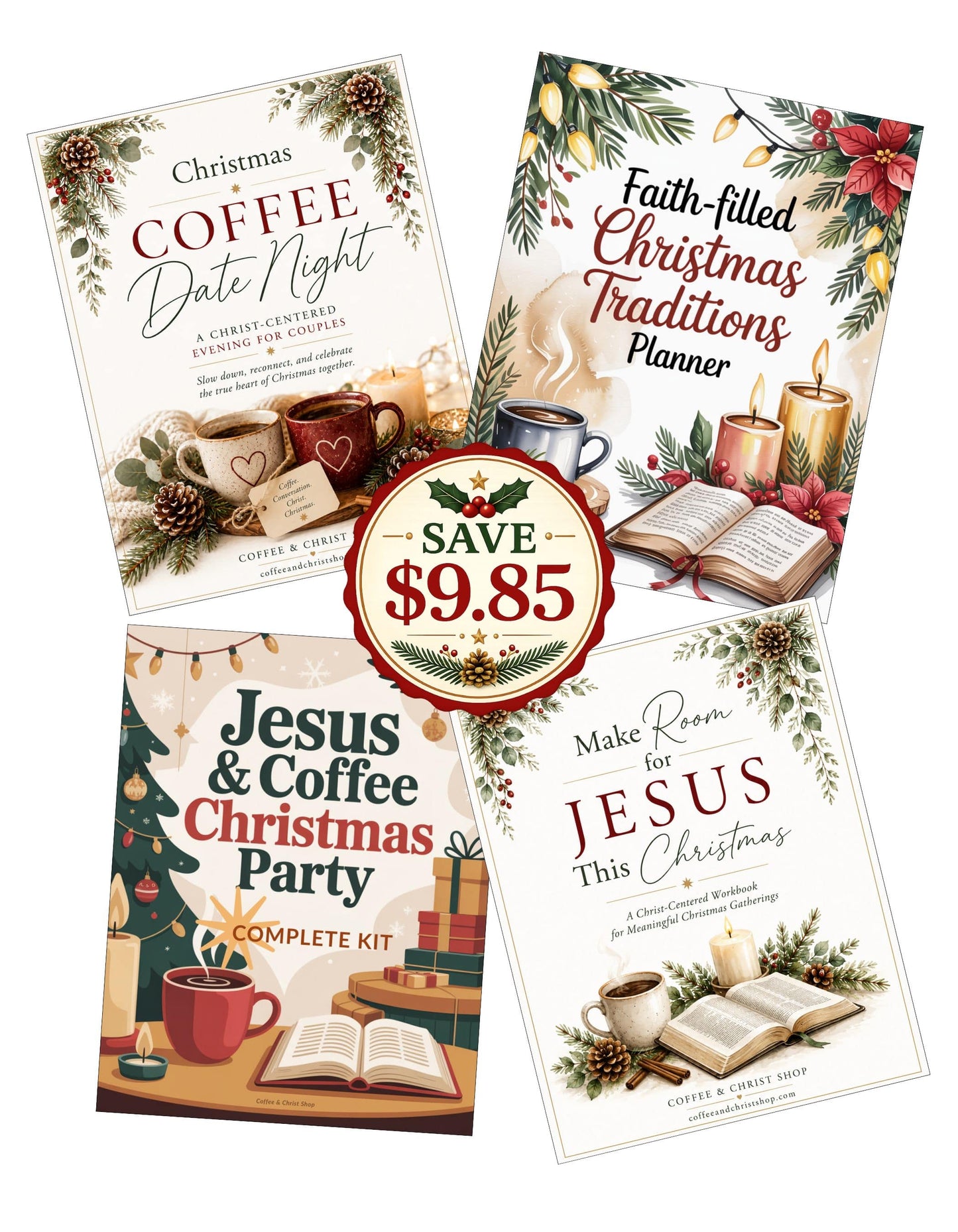 Four illustrated Christmas collection printable kit covers arranged on a white background with a central red circular sale badge reading “SAVE $9.85.