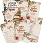 A Christmas-themed coffee and faith party planning set displayed as a collage of printed cards and a booklet on a white background. The set includes a main 'Jesus & Coffee Christmas Party' booklet, smaller cards titled 'Faith & Coffee,' 'Personal Reflection,' 'Gather, Sip, Celebrate Jesus,' 'Shopping & Preparation,' and a 'Coffee & Christ' coffee bar card, all decorated with green pine branches, red coffee mugs, and gold ornaments.