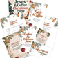 A Christmas-themed coffee and party invitation kit shown as multiple coordinated printed cards and envelopes on a white background. The designs feature holiday greenery, ornaments, pinecones, and red coffee mug illustrations, with sample text such as 'Jesus & Coffee Christmas Party,' 'Fueled by Faith & Coffee,' and 'Coffee & Christ Christmas Bar.